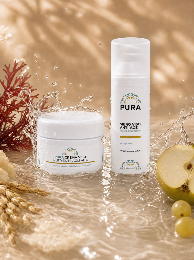 Siero Viso Anti-Age e Crema Viso Nutriente AHA PURA, i due prodotti della routine Pelle Nuova