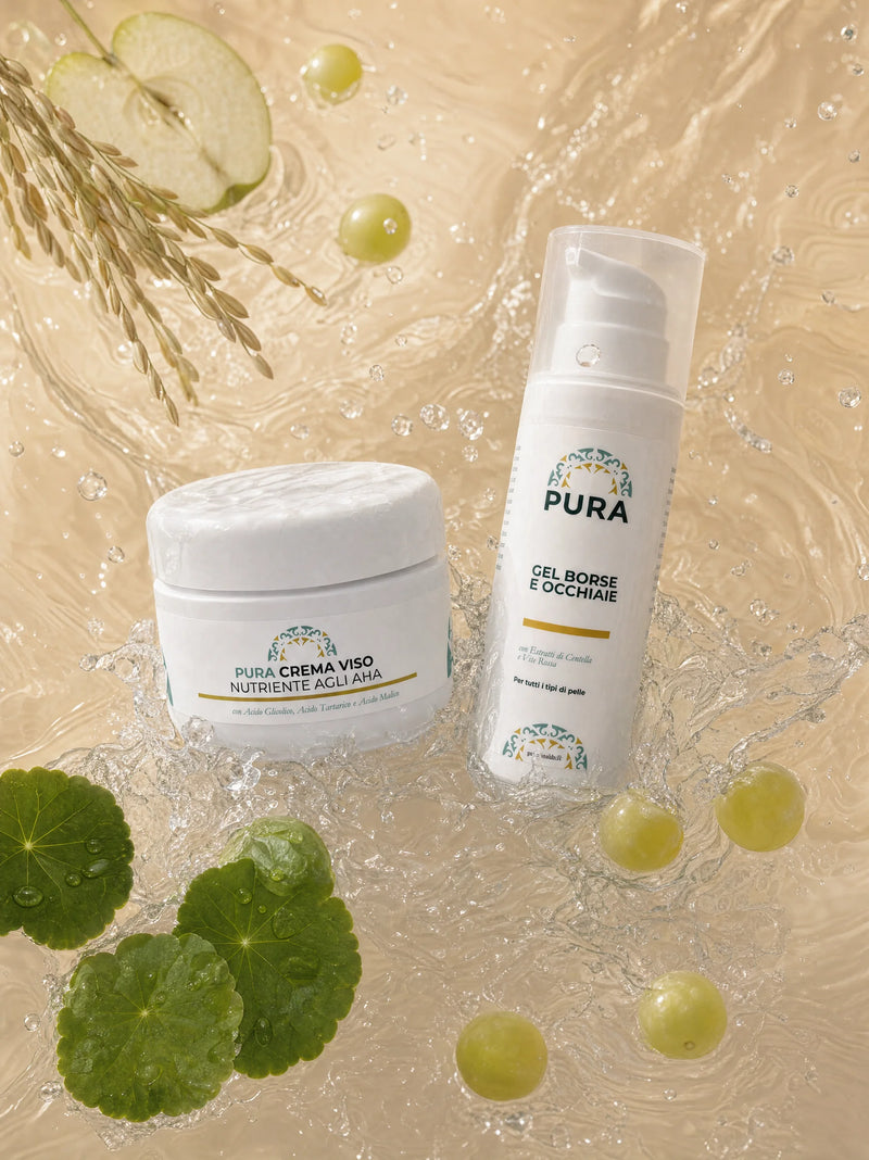 Crema Viso Nutriente AHA e Gel Borse e Occhiaie PURA, i due prodotti della routine Viso Perfetto